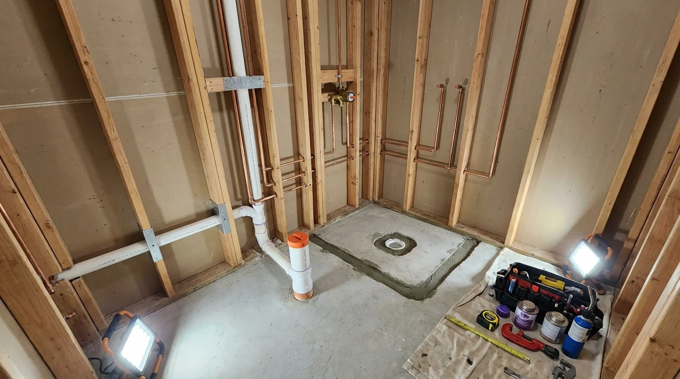 Bathroom rough-in plumbing during remodel by Johns Plumbing LLC in Lares