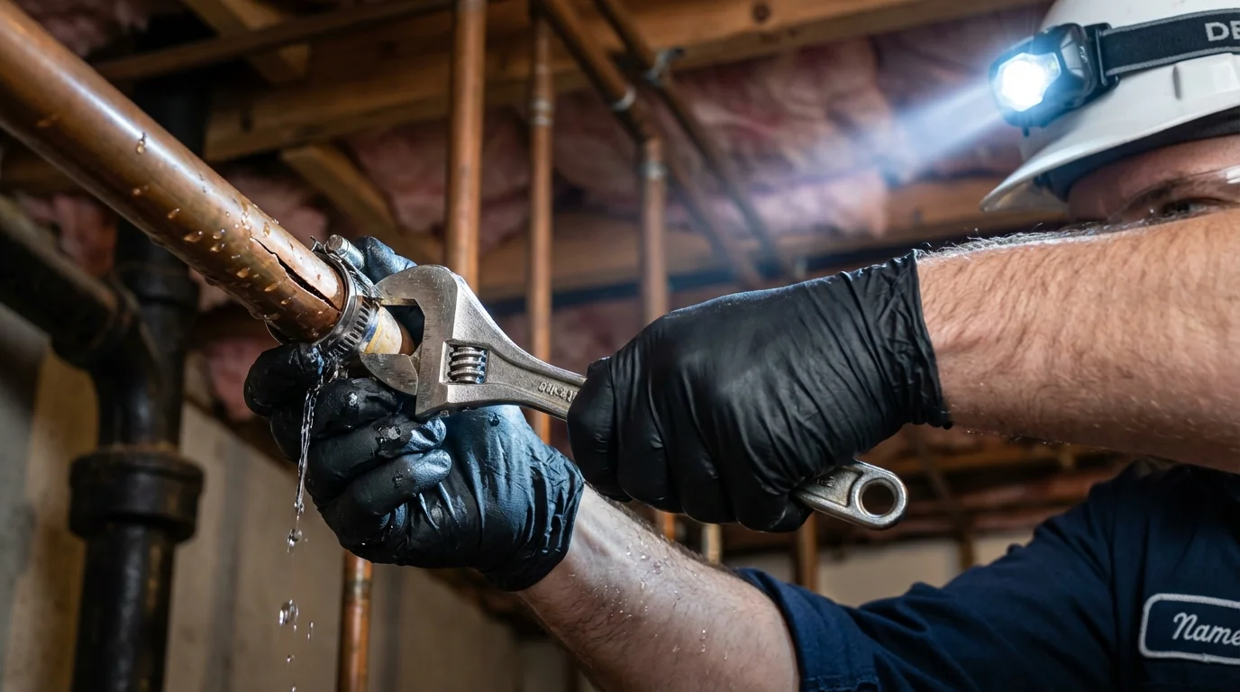 Emergency pipe clamp repair being performed by a Johns Plumbing LLC plumber in Lares