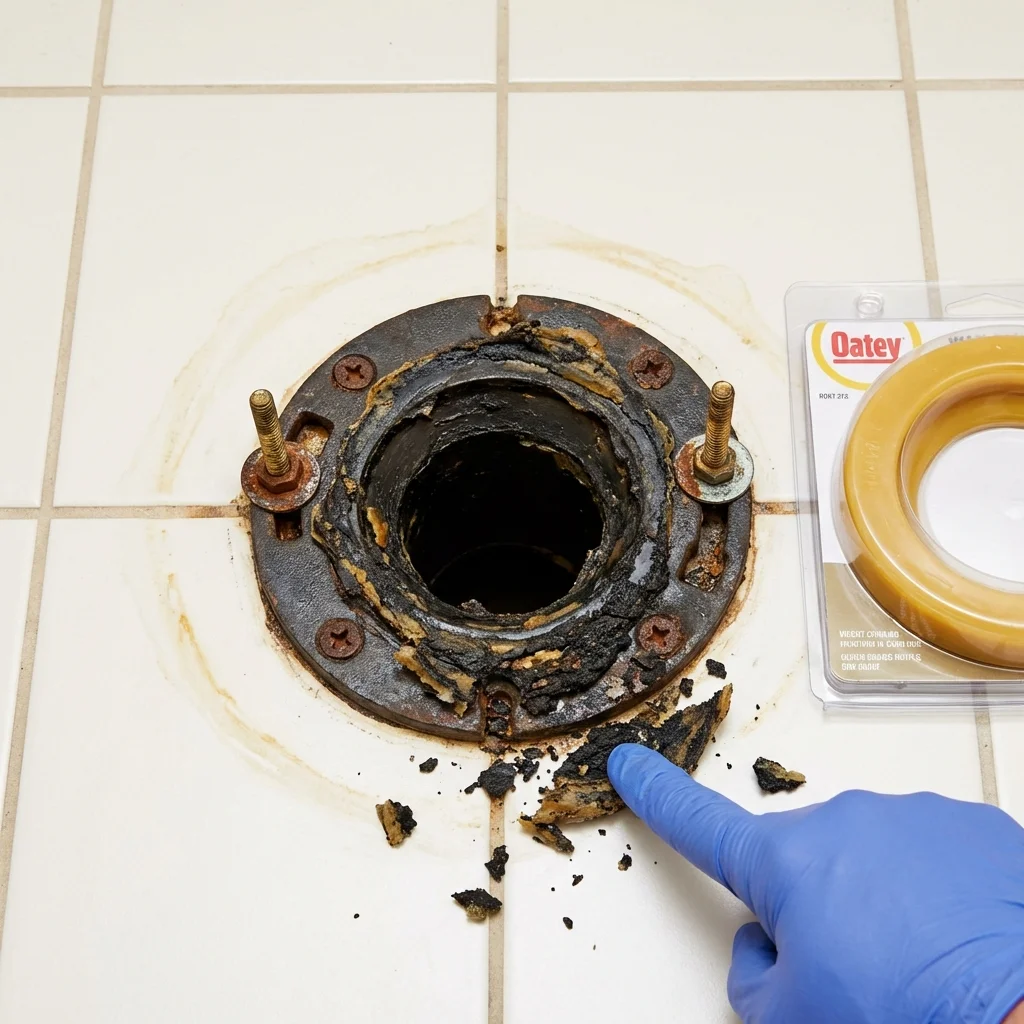 Failed wax ring showing water seepage at the base of a toilet in a Lares, PR home
