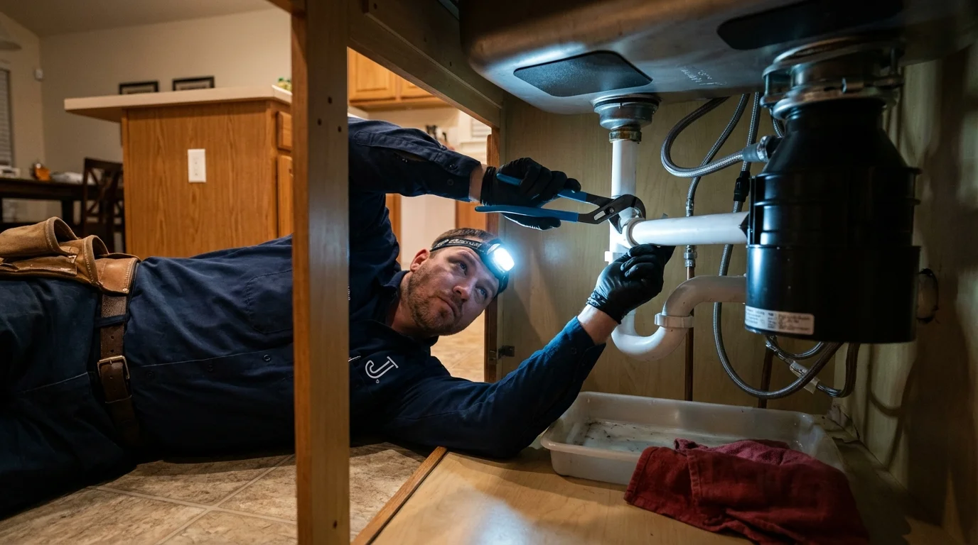 P-trap and supply line connections under a kitchen sink showing a common leak point in Lares, PR